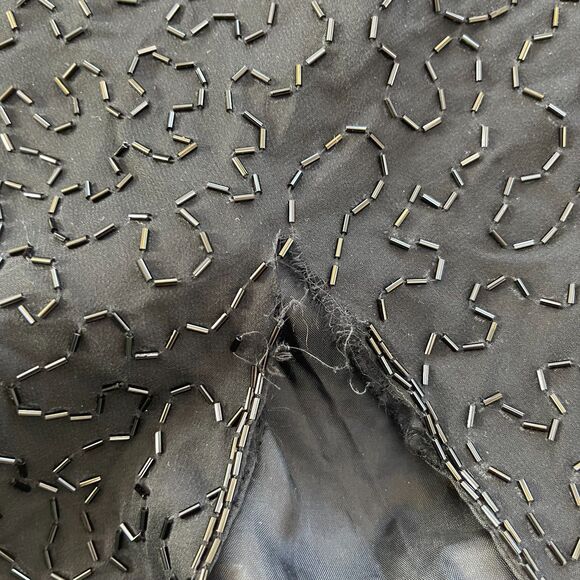 Cache Silk Hand Beaded Sequin Black White Dress 80s Puff Sleeve Womens 4 Leaves - Picture 9 of 16